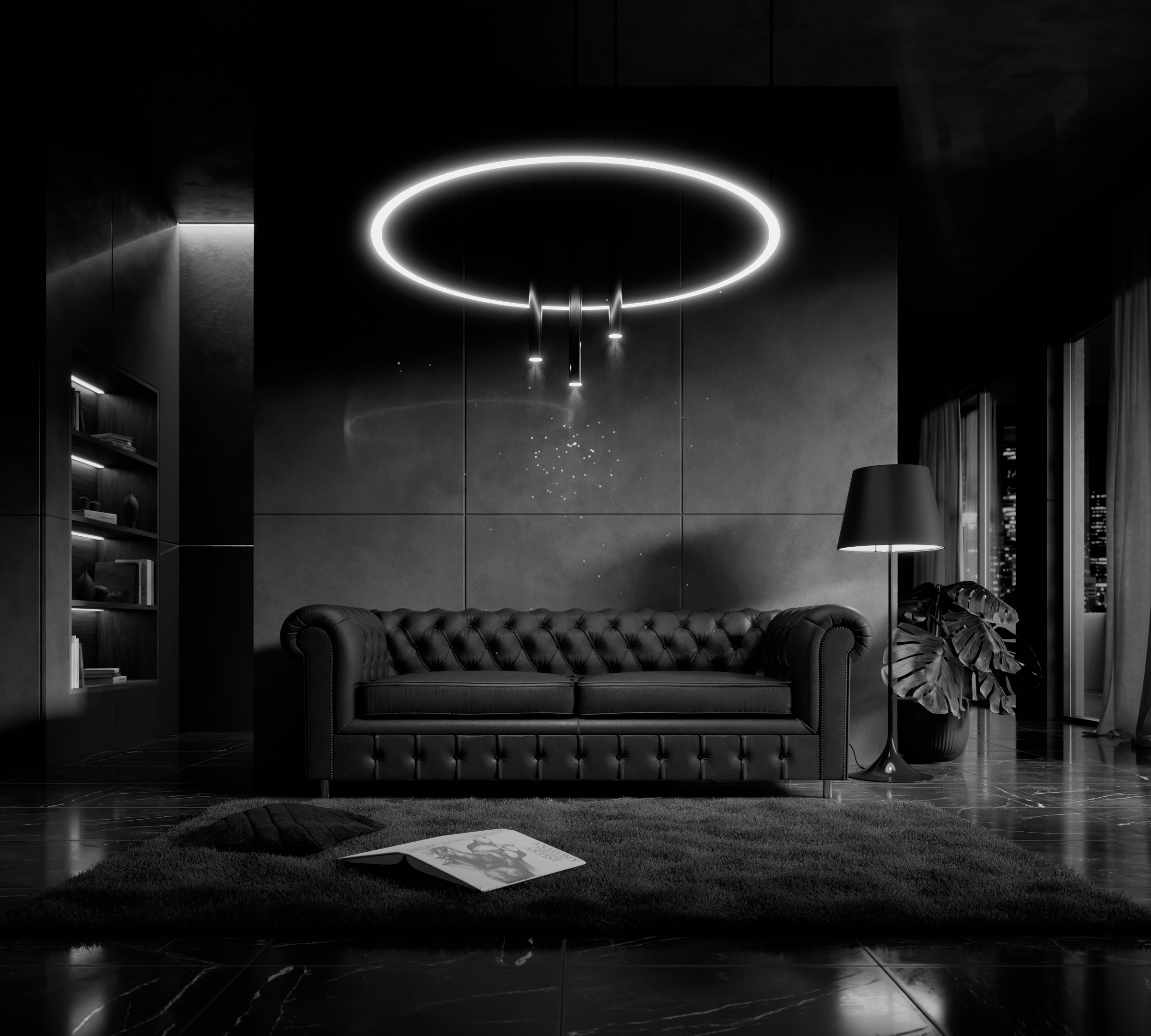 3D render: a dark living room with a leather sofa under a ring light