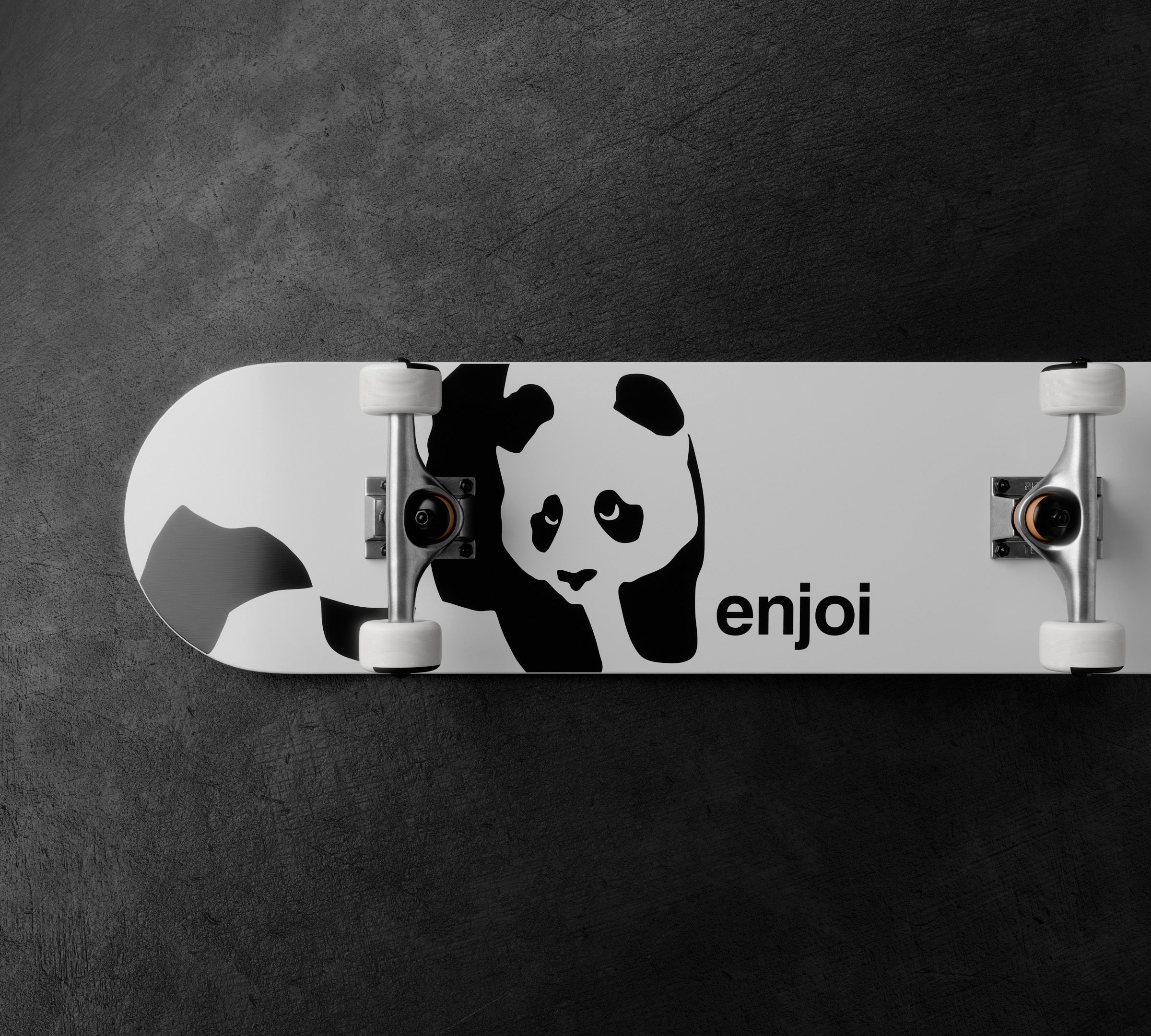 3D render: a panda skateboard on a dark wall