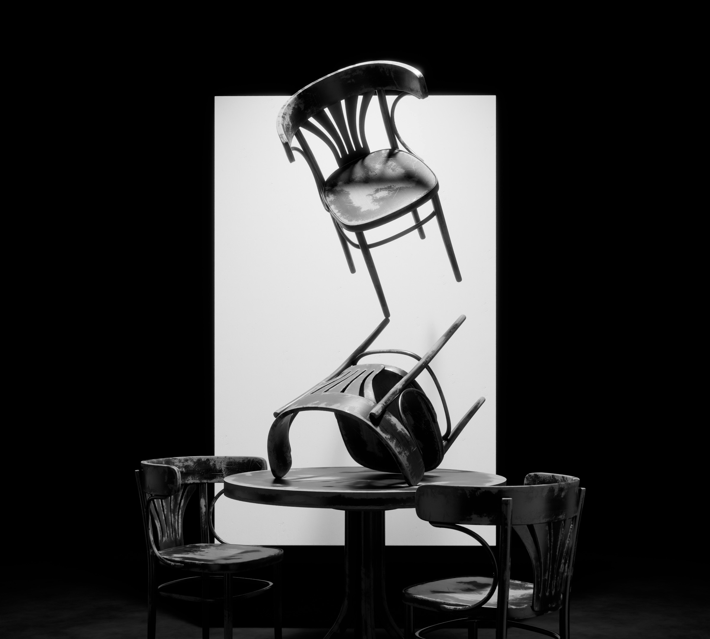 3D render: bentwood chairs balanced above a table, on black