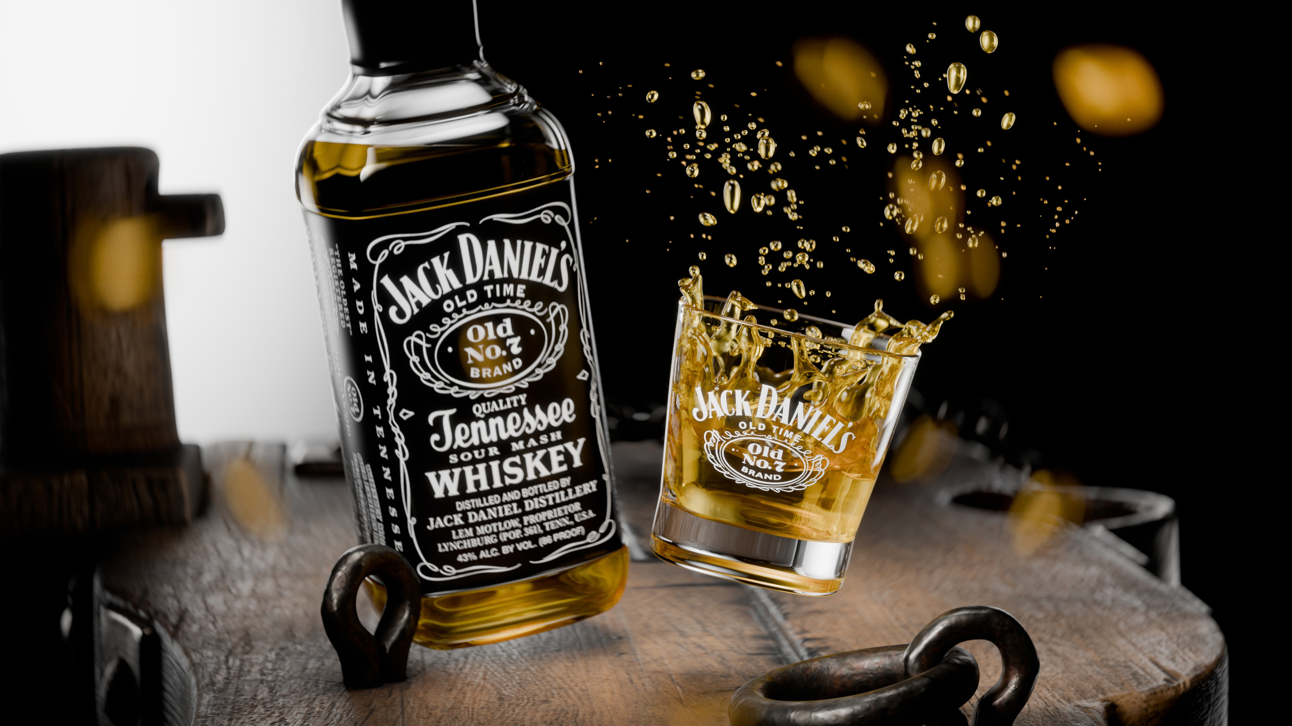 3D render: a whisky bottle and a glass with a splash on a wooden barrel top