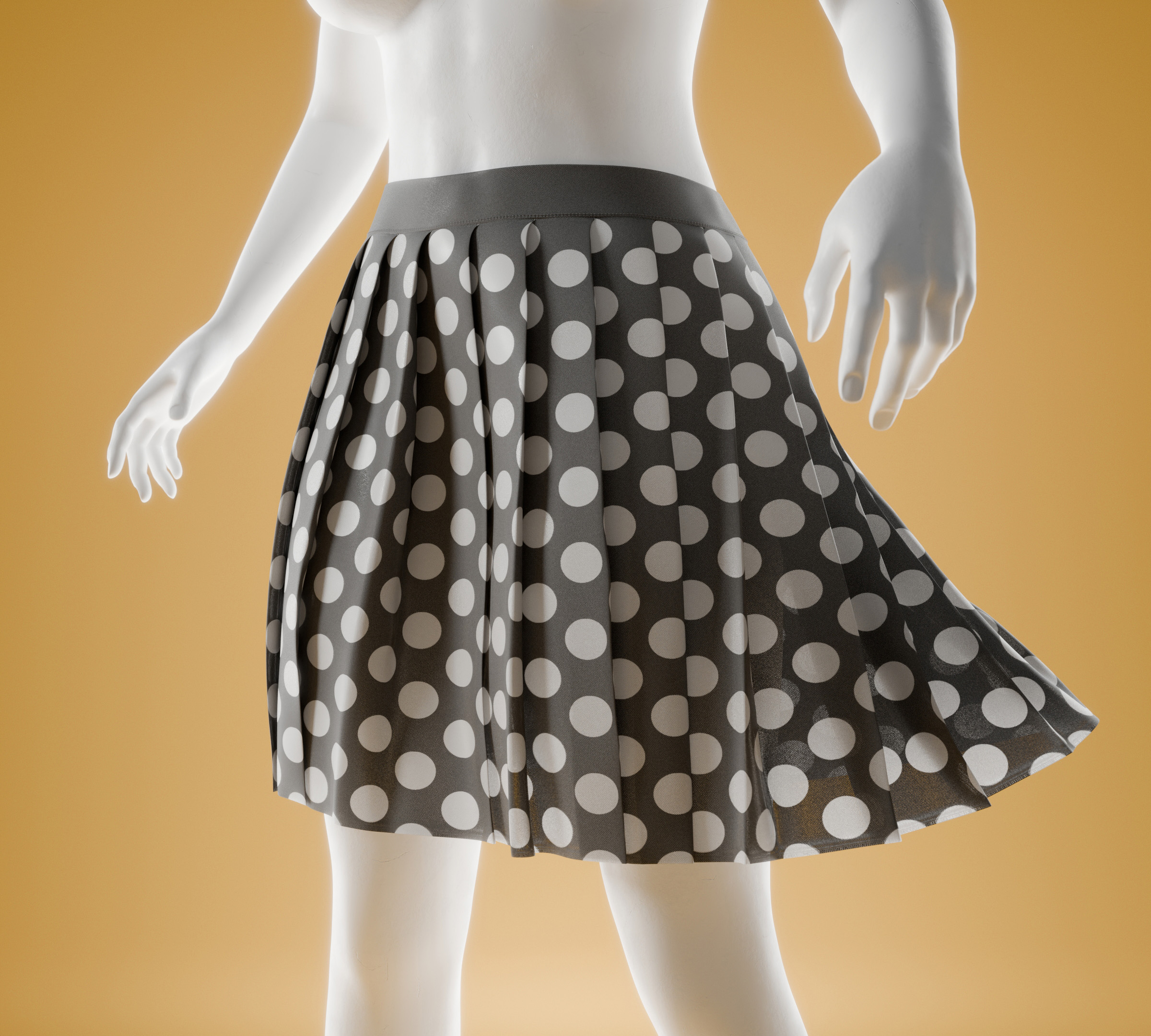 3D render: a mannequin in a polka-dot skirt on ochre