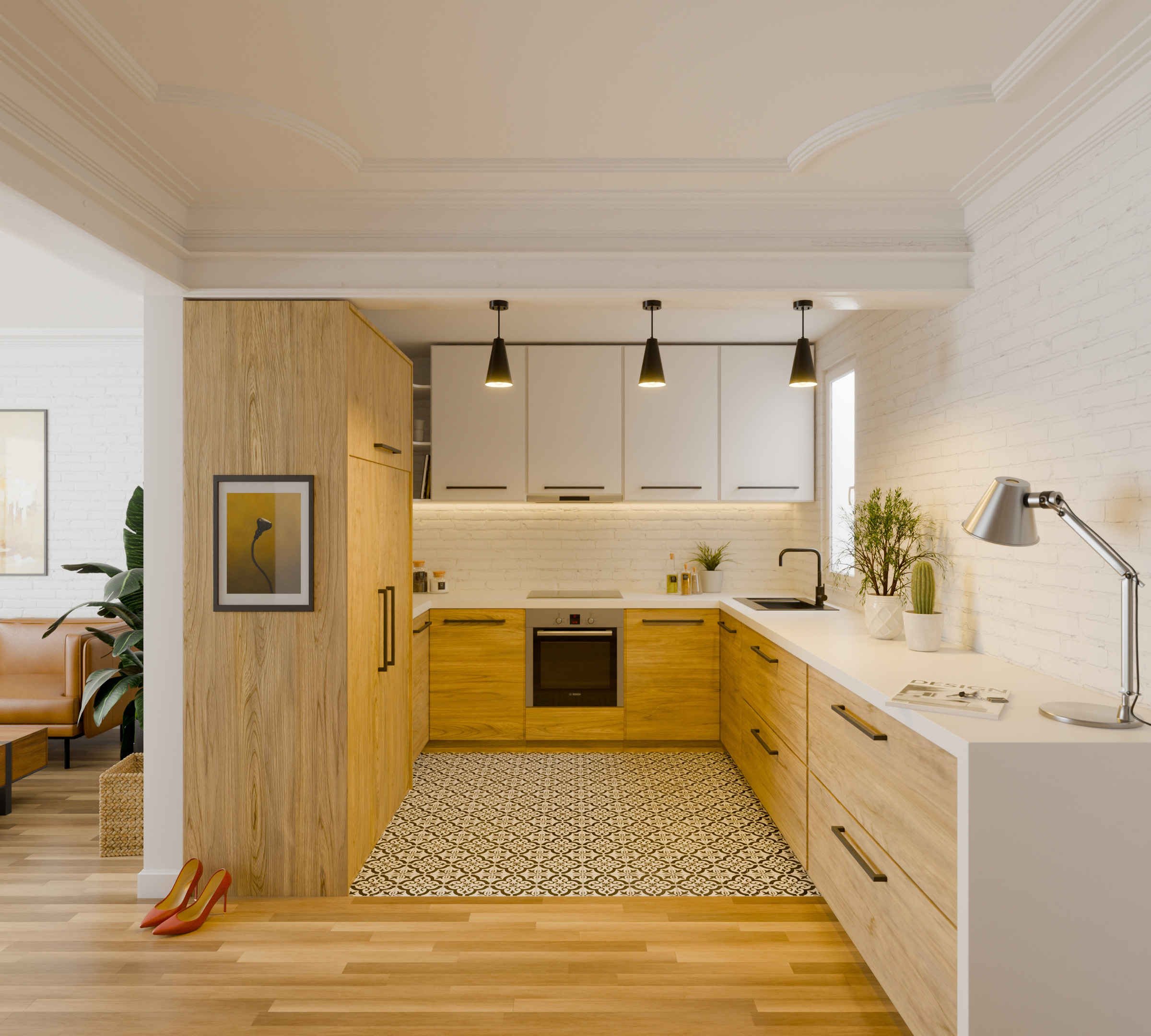 3D render: a wooden kitchen with red heels on the floor
