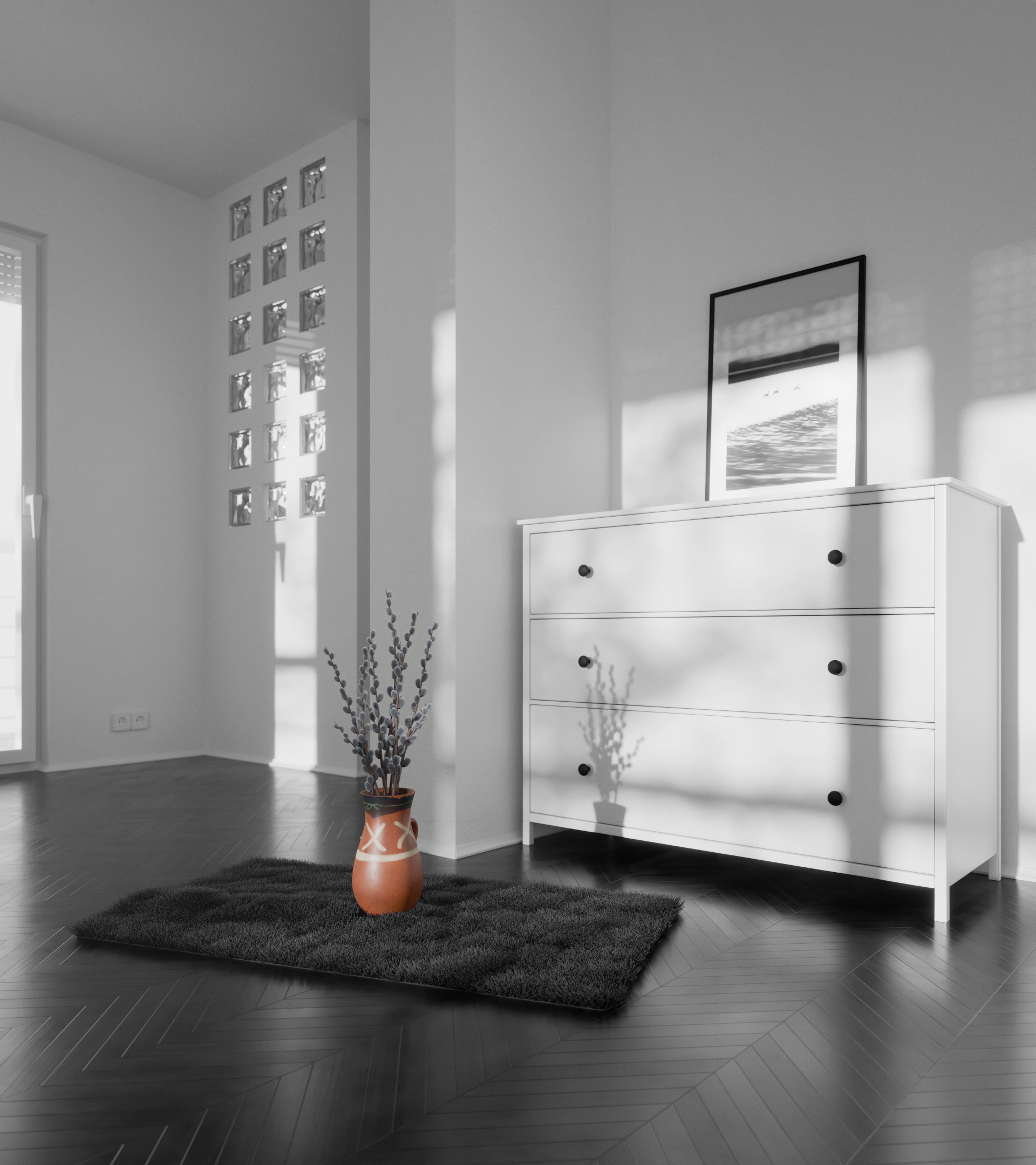 3D render: a white dresser and a vase in a sunlit room
