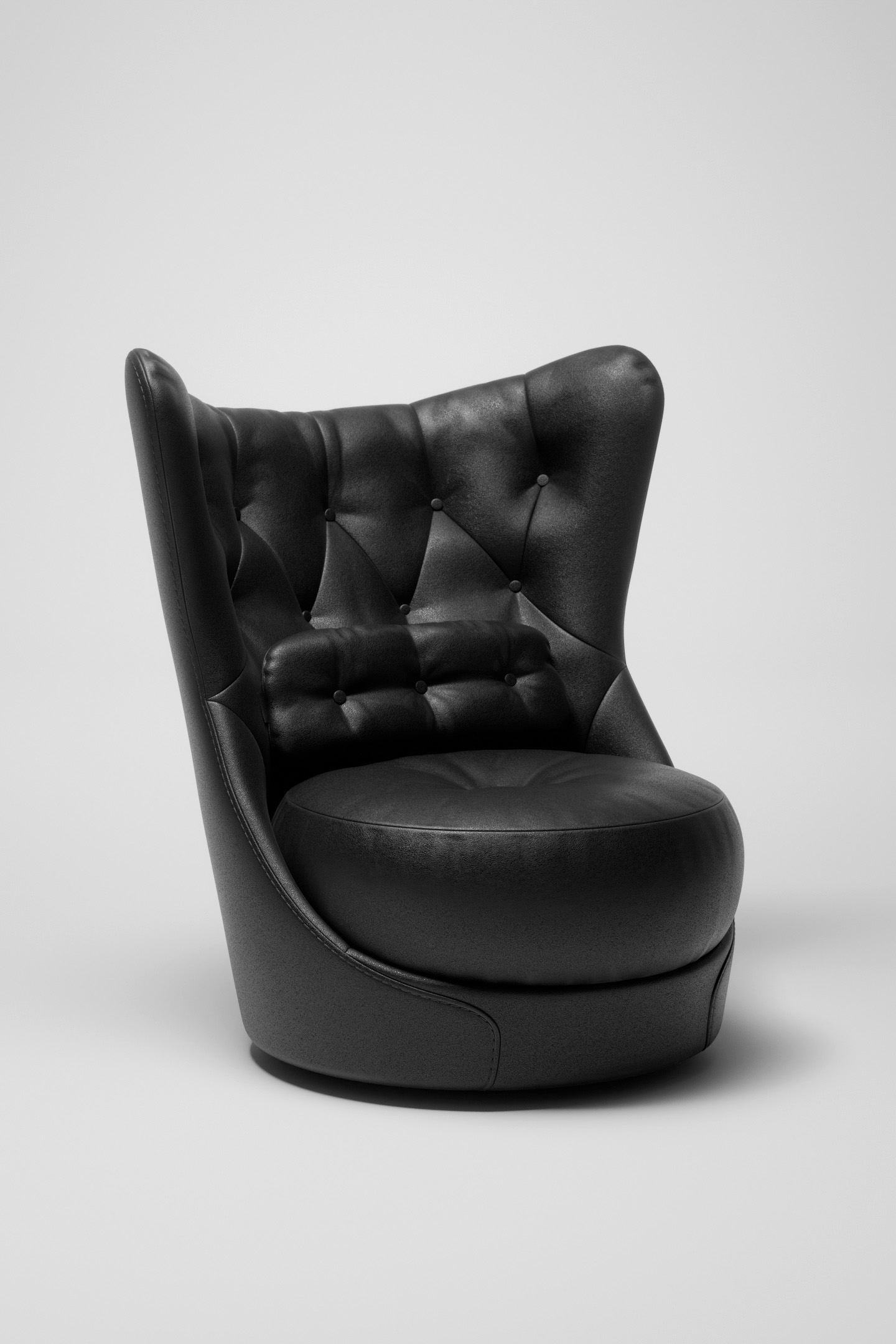 3D render: a black leather swivel armchair