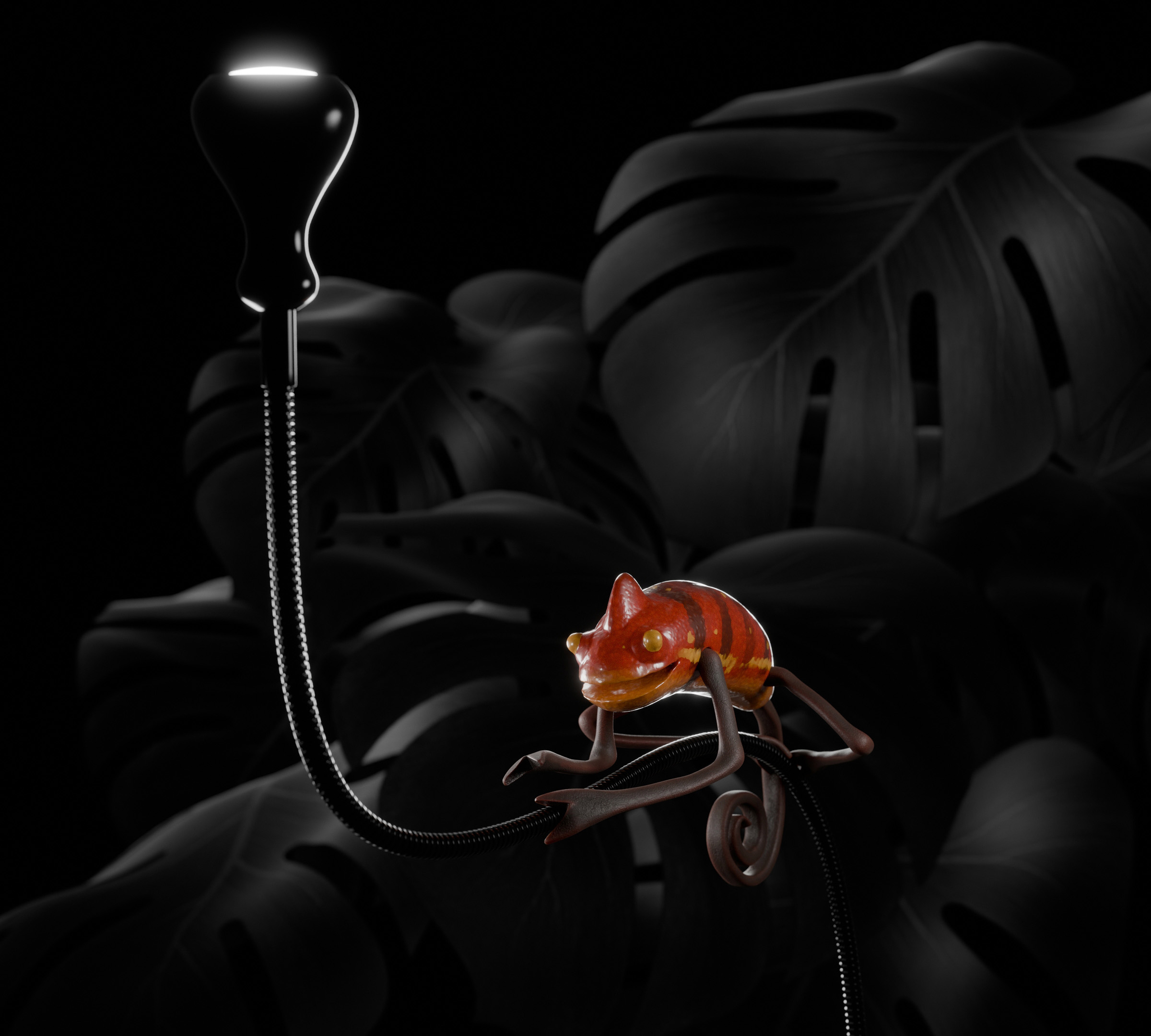3D render: a colourful chameleon on a lamp arm among dark leaves